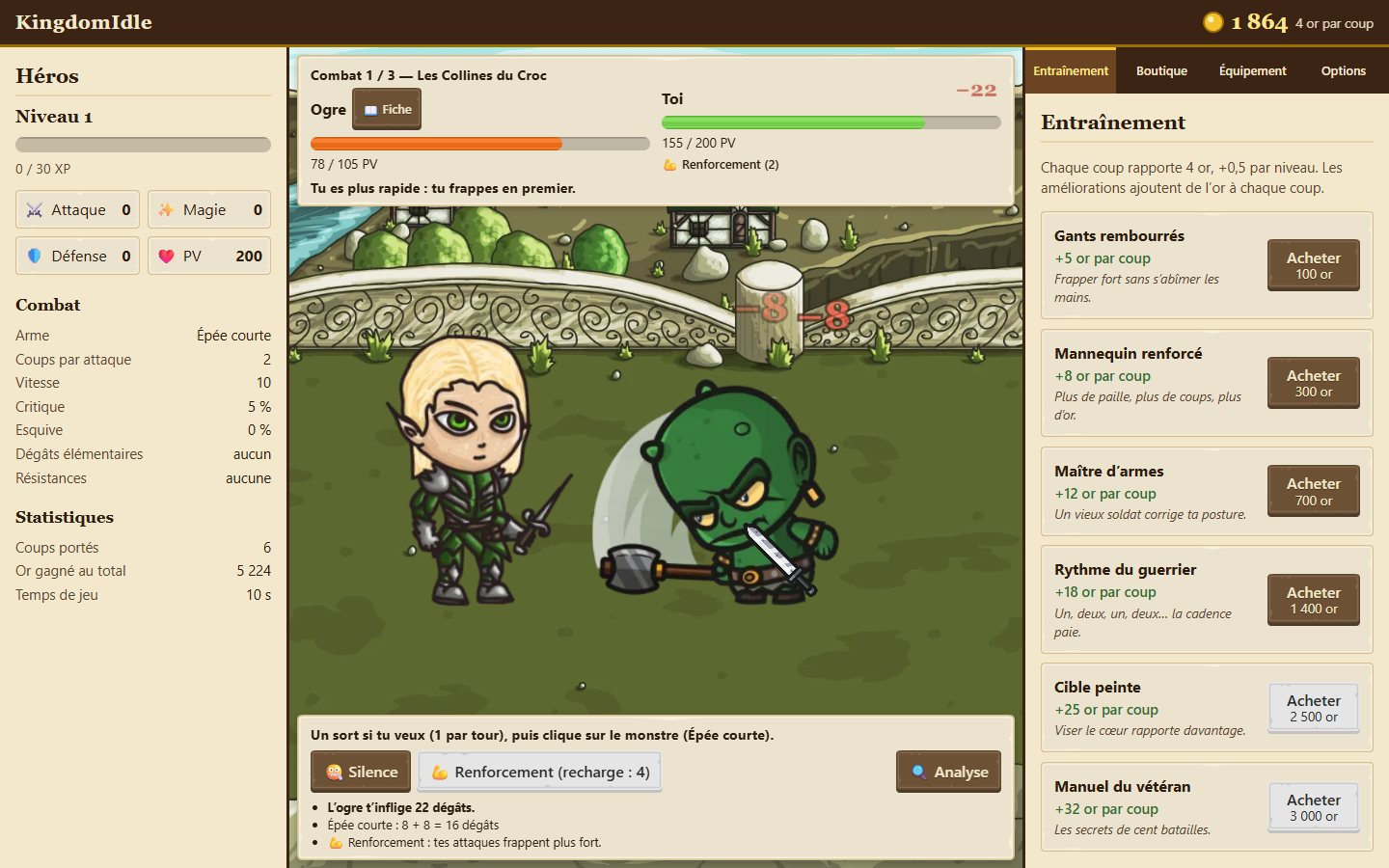 Raid battle in KingdomIdle: the elf hero fights an ogre, with health bars at the top and spells at the bottom.